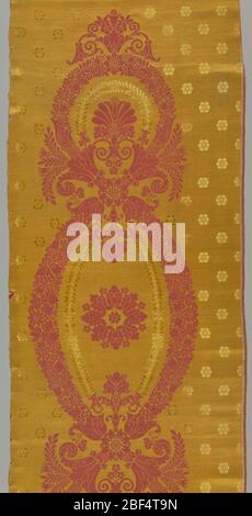 Panel. Empire design of three connected ovals of wreaths in red on a yellow background. Yellow floral shapes, created by a change in weave structure, on the yellow background. Stock Photo
