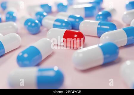 Medicine tab capsule pill and drug different unique color concept 3D rendering. Stock Photo