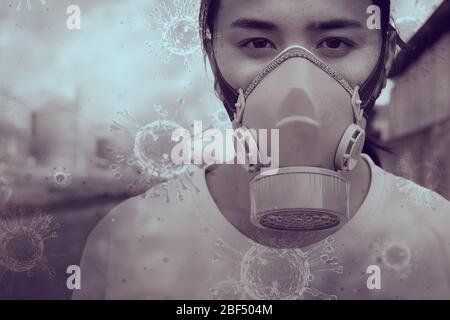 Girl teen wearing industry protection mask to prevent danger PM2.5 dust dust toxic gases and bacterial infection Corona virus or Covid-19 in the air. Stock Photo