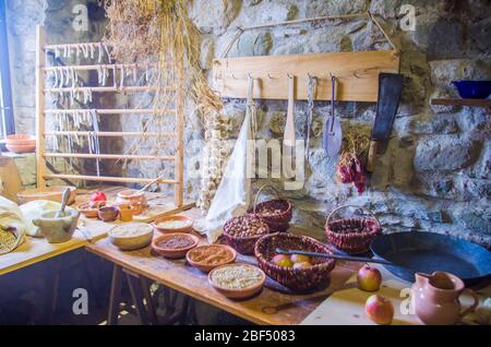 traditional country cuisine and medieval medicine, ingredients, agricultural and hunting products, millet, lentils, rice, hazelnuts, spelled, ginger, Stock Photo