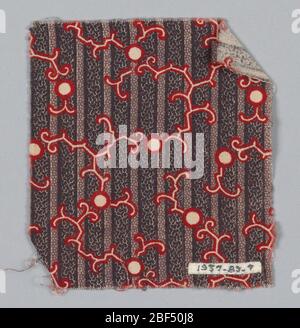 Fragment. Ground of dark and medium purple stripes patterned with small dots and vermicelli. Over the stripes is a design of red and white circles and curlycues. Stock Photo