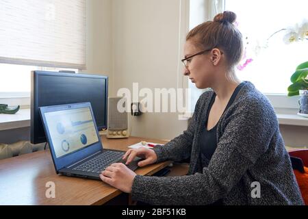 Young woman working on laptop from home. Two screens. Stock Photo