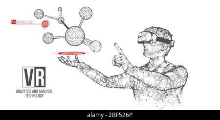 VR wireframe headset banner. Polygonal man wearing virtual reality glasses, with holographic of molecules. Science, diagnostics, virtual analytics Stock Vector