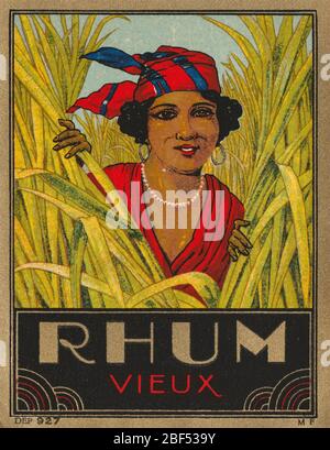 Vintage unused and rare label for Rhum (American: Rum of Jamaica) liquor. This label has an illustration of slavery, showing a black african slave bet Stock Photo