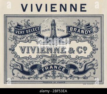 Unused and rare vintage label of a French wine based brandy liquor with the name Vivienne, from ‘Vivienne & Co” in France Stock Photo