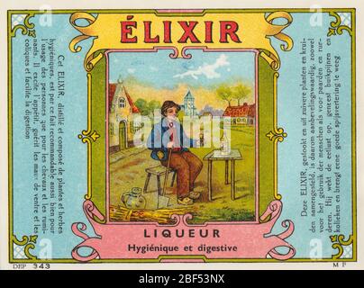 Vintage rare unused label of Elixir liquor showing a beautiful drawing of a farmer with walking stick in a village drinking a glass, from distillery C Stock Photo