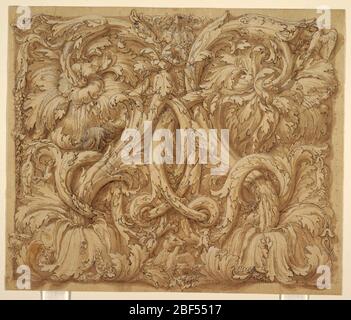 Design for Acanthus Rinceaux with Animals and Birds. Symmetrical arrangement of interlaced acanthus rinceaux interspersed with animals and birds. Included are salamanders and eagles which are possible references to Federico Gonzaga and family who were important patrons of Giulio Romano. Stock Photo