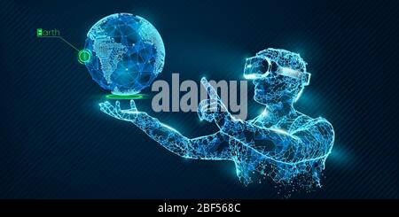 VR headset holographic wireframe vector banner. Polygonal man wearing virtual reality glasses, with planet. Science, diagnostics, virtual analytics Stock Vector