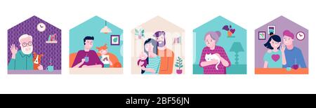Stay at home, concept design. House facade with different types of people looking out and communicating with their neighbors. Self isolation Stock Vector