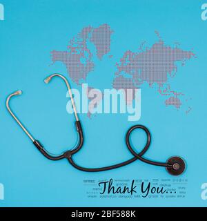 Thanks message worldwide postcard background in different languages for nhs staff, doctors, nurses. Novel coronavirus covid 2019 thanking note with st Stock Photo