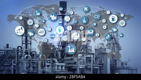 The oil refinery at industry zone. icons concept modern of fuel industrial network.The distillation process may cause pollution but does not have seve Stock Photo