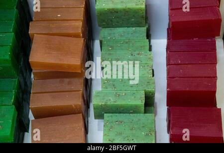 Collection of bars of fragrant hand made organic soap Stock Photo