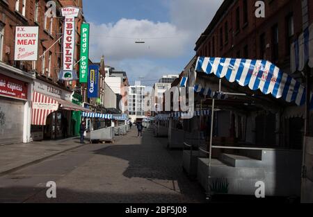 Dublin, Ireland - April 6, 2020: the normally bustling market area of Moore Street now practically deserted due to Covid-19 lockdown restrictions. Stock Photo