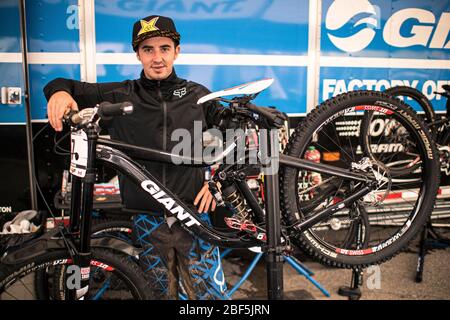 MONT SAINTE ANNE, CANADA - AUGUST 1, 2014. Danny Hart (GBR) racing for Team Giant at the UCI Mountain Bike Downhill World Cup Stock Photo