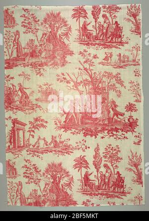 Textile. Quilt showing architectural remains and scenes of people dancing and a man wooing a girl. Border of checked red and white ginghams scalloped on three sides and backed with white linen. Printed in red on white. Stock Photo