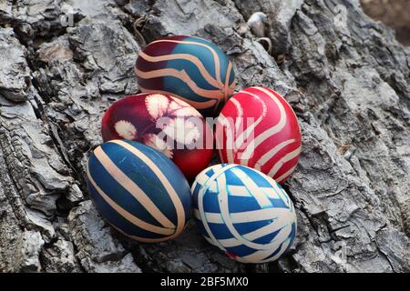 Easter eggs uniquely painted on a walnut bark background Stock Photo