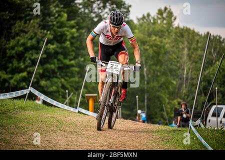 MONT SAINTE ANNE, CANADA - AUGUST 3, 2014. Jaroslav Kulhavy (CZ) racing for Team Specialized at the UCI Mountain Bike Cross Country World Cup. Stock Photo