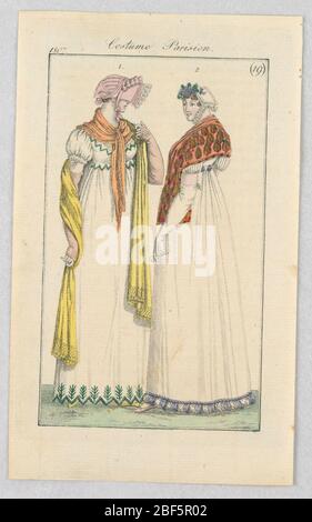 Plate 19 Costume Parisien Parisian Costume Journal des Dames et des Modes Journal of Ladies and Fashion. Fashion illustration featuring two women wearing long, white dresses. The woman on the right is partially turned around so that her back is visible to the viewer.