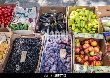 Fruits and vegetables stall on a sidewalk in Chisinau, capital of the Republic of Moldova Stock Photo