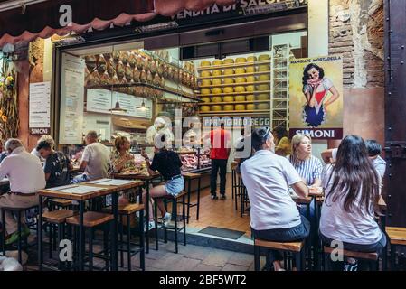 Salumeria Simoni shop on Mercato di Mezzo food market in Bologna, capital and largest city of the Emilia Romagna region in Northern Italy Stock Photo