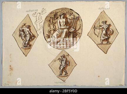 Decorative Project for Central Tondo with Apollo Autumn and Winter. Circular medallion representing Apollo playing lyre, flanked by two lozenges; at left, elderly drinker, Silenus, supported by young Diana with bow and quiver. Figures shown obliquely from back. Stock Photo