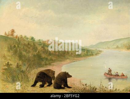 Catlin and His Men in Their Canoe Urgently Solicited to Come Ashore Upper Missouri. The prairies of the 1830s were a paradise for animal predators as well as enthusiastic huntsmen. Eagles, wolves, mountain lions, and grizzly bears were among the beasts hunting the abundant antelope, elk, and buffalo. Stock Photo