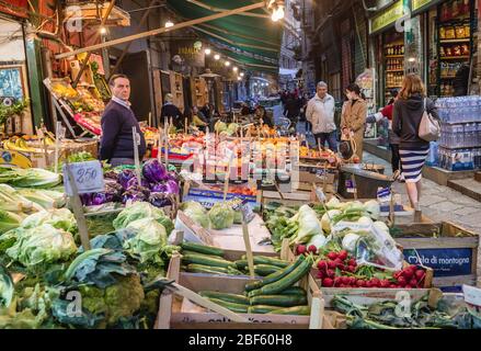 Famous open air street market La Vucciria in Palermo city of Southern Italy, the capital of autonomous region of Sicily Stock Photo