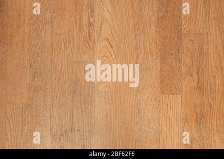 Close-up on a wooden floor. We can distinguish the rectangular patterns and the wear of the wood due to the many passages of people who walk on it Stock Photo