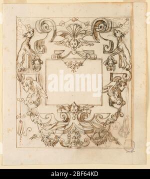 Grotesque Design. Strapwork with animals and harpies frame a center square panel. At top, a cherub and floral swag. Stock Photo