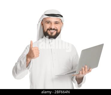 Arab businessman with laptop on white background Stock Photo