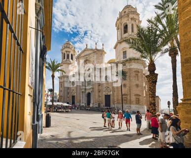 The cathedral in Plaza de la Catedral, or Cathedral Square, Cadiz, Cadiz Province, Costa de la Luz, Andalusia, Spain.  The official name of the cathed Stock Photo
