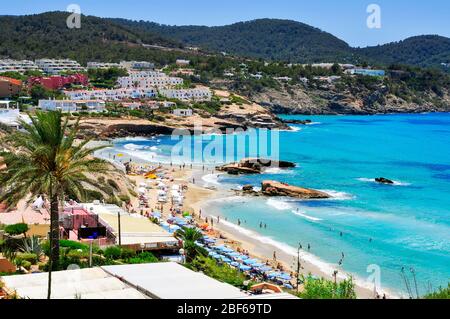 SANT JOSEP, SPAIN - JUNE 15: Panoramic view of Cala Tarida beach on June 15, 2015 in Sant Josep de Sa Talaia, in Ibiza Island, Spain. Ibiza is a well- Stock Photo