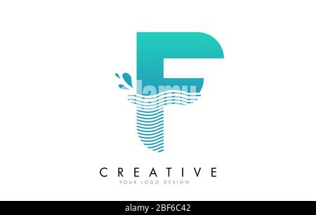 F Letter Logo with Waves and Water Drops Design Vector Illustration. Stock Vector