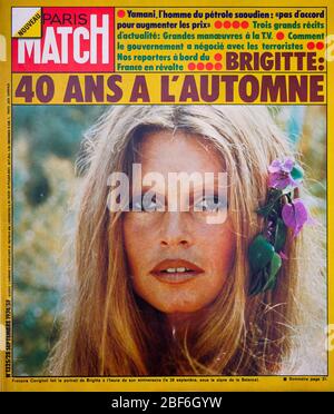 Frontpage of French news and people magazine Paris-Match, n° 1325, Brigitte Bardot 40th anniversary, 1974, France Stock Photo