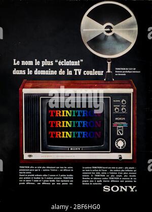 Advertisement page for Sony Trinitron Color TV sets, published on the back cover of the French news magazine Paris-Match, 1972, France Stock Photo
