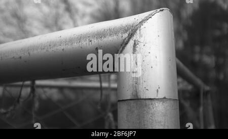 Close up on a soccer / football goal. Black and white. Stock Photo