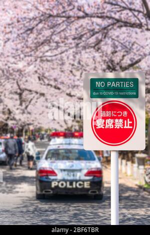 Japanese and english road sign prohibiting gatherings for picnics under cherry trees due to COVID-19 restrictions with a patrolling police car in Japa Stock Photo