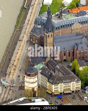 , church St Lambertus and the castle tower on the Burgplatz square at river Rhine in the historic town-center of Dusseldorf, 23.04.2016, aerial view, Germany, North Rhine-Westphalia, Lower Rhine, Dusseldorf Stock Photo