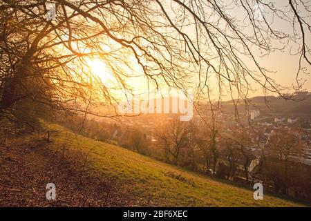 view onto Letmathe from the Oestrich castle hill at sunset, Germany, North Rhine-Westphalia, Sauerland, Iserlohn Stock Photo