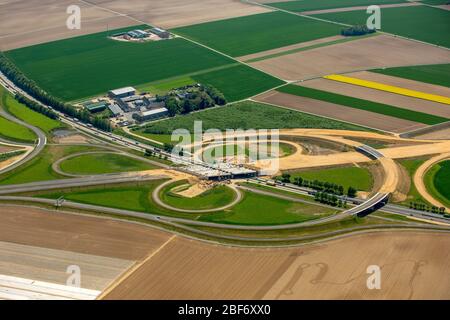 Construction site at the motorway intersection of A44 and A61 in Jackerath, Garzweiler I in the background, 09.05.2016, aerial view, Germany, North Rhine-Westphalia, Lower Rhine, Jackerath Stock Photo
