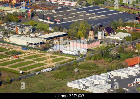 Hindu Sri-Kamadchi-Ampal-Temple amidst commercial and industrial premises in Hamm-Uentrop, 21.04.2016, aerial view, Germany, North Rhine-Westphalia, Ruhr Area, Hamm Stock Photo