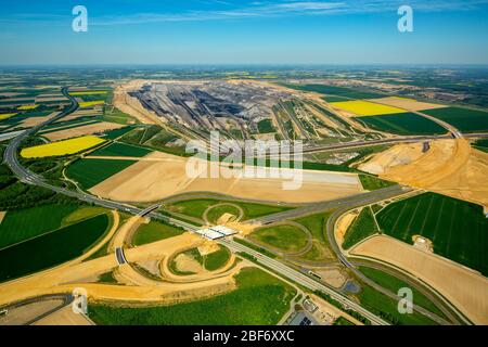 Construction site at the motorway intersection of A44 and A61 in Jackerath, Garzweiler I in the background, 09.05.2016, aerial view, Germany, North Rh Stock Photo