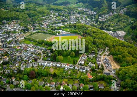 , stadium Bremenstadiion, football pitch of TuS Ennepetal 1911 e.V. in Ennepetal, 09.05.2016, aerial view, Germany, North Rhine-Westphalia, Ruhr Area, Ennepetal Stock Photo