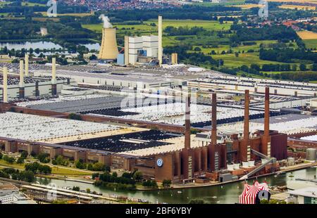 , Volkswagen AG in Wolfsburg with power plants Heizkraftwerk Wolfsburg Nord/Sued und Heizkraftwerk Wolfsburg West, 23.07.2016, aerial view, Germany, Lower Saxony, Wolfsburg Stock Photo