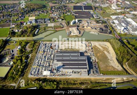 , construction company Goldbeck at the chanel Datteln-Hamm-Kanal in Hamm-Uentrop, 21.04.2016, aerial view, Germany, North Rhine-Westphalia, Ruhr Area, Hamm Stock Photo