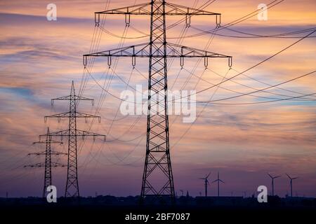 Extra-high voltage lines, 380 KV, power line, the electricity comes from the Rhenish lignite mining area, from the Neurath power plant, near Grevenbro Stock Photo