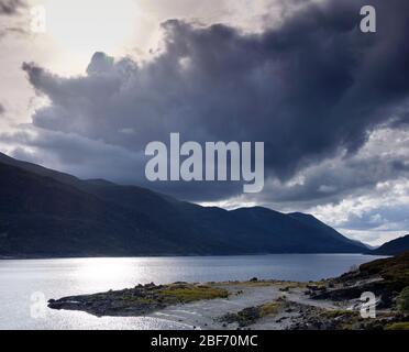 Loch Mullardoch, Glenn Cannich, Beauly, Inverness-Shire, Scotland, UK 24/09/19. Stormy skies and a late September western view of Loch Mullardoch Stock Photo