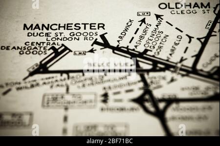 Vintage rail network map covering railway lines in the Manchester area. Stock Photo