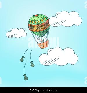 Vector illustration of balloon with frightened people in a panic on topic of getting rid of excess cargo, things, ballast. Сoncept of reasonable, smar Stock Vector