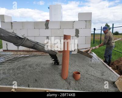 Installed sewer, pour concrete for screed in the house. 2019 Stock Photo